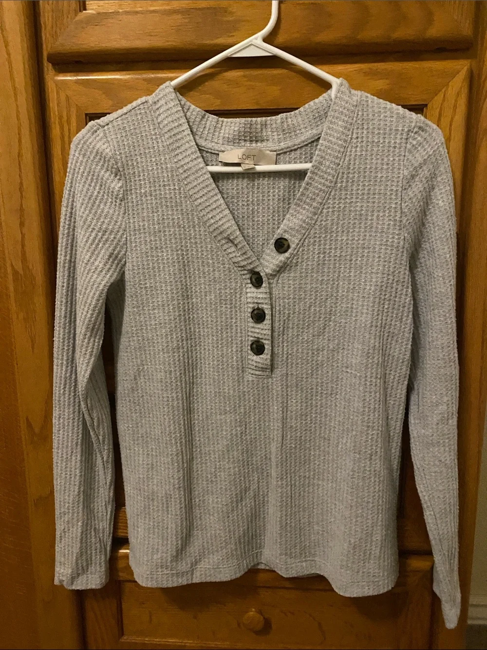 LOFT Light Gray Waffle V-Neck Henley Sweater